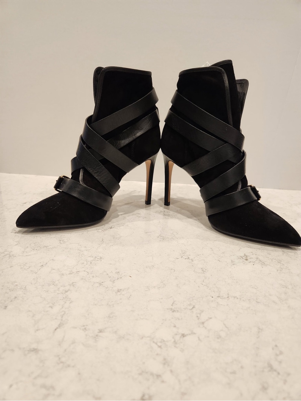 Balmain, Jamie Suede Women's Black Strappy Pointed-Toe Stiletto Ankle Boots